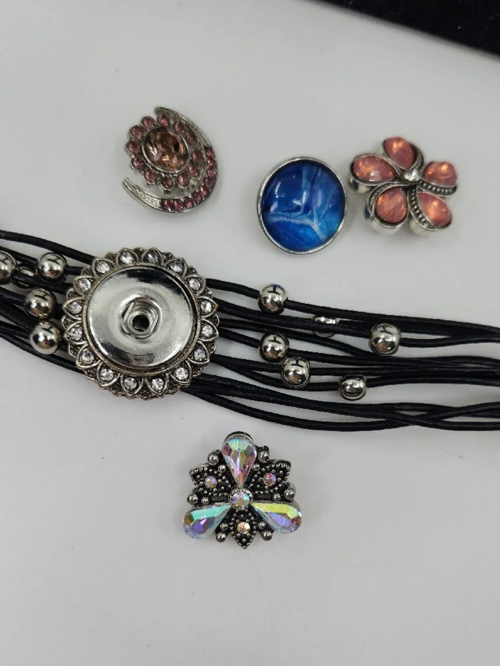 Four (4) Snap Black Cord and Bead Crystal Statement Bracelet - Four Designs